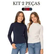 Kit 2 Peças Blusa Manga Longa Gola Alta Juvenil Menina Inverno Ribana Canelada Malha  Confortável