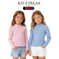 Kit 2 Peças Blusa Manga Longa Gola Alta Infantil Menina Inverno Ribana Canelada Malha  Confortável