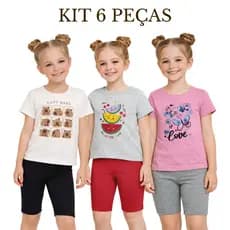 Kit 6 peças Conj. Camiseta Estampada Meia Malha + Bermuda Ciclista Infantil Cheios de Estilo Meninas