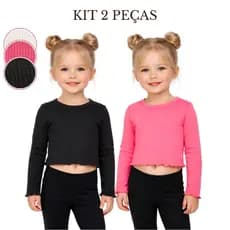 Kit 2 Peças -Blusa Manga Longa Fru-Fru Babado Infantil Cropped Manga Comprida Casual Básica Feminina