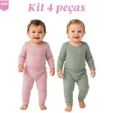 Kit 4 Peças - Body Manga Longa E Calça Punho Mijão Pagão Canelado Roupa Para Bebe Conforto Qualidade