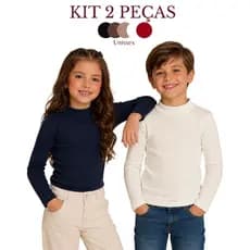 Kit 2 Peças Unissex Infantil Blusa Manga Longa Gola Alta Inverno Ribana Canelada Malha Confortável