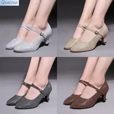 Sapatos de Dança de Salão Qsuccua para Mulheres Adultas, Sapatos de Performance com Salto Baixo-Médio e Sola Macia BDZ3