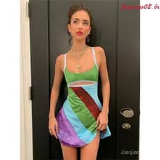 Vestido de Verão Feminino com Alças, Corte em A, Sem Mangas, Cores Contrastantes, Decote em U, Curto, Justo ao Corpo, Es