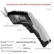 Tesoura elétrica de corte de pano, recarregável, corte de pano, aço de tungstênio, tesoura elétrica, tecido, couro, guar