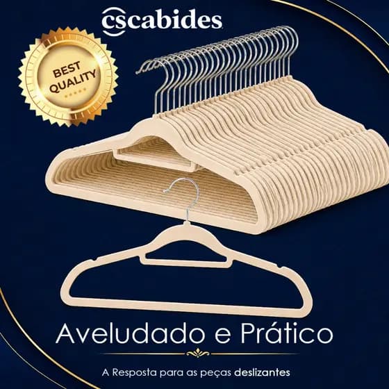Cabides Reforçados de Veludo Slim Adulto Antideslizante Ultrafino Beje Com 50un Economia De Espaço CSCABIDES