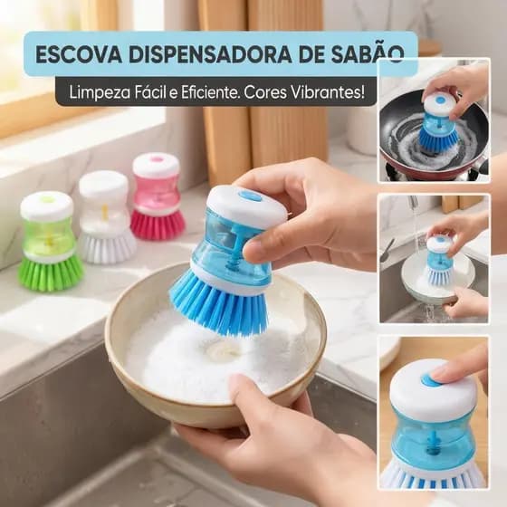 Escova Lava Louças com Recipiente 8,5CM Limpeza Multiuso Dispenser Detergente Não Risca Dosador Cozinha