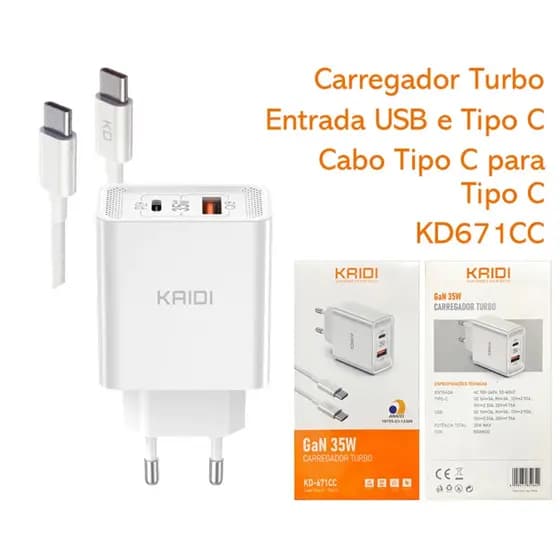 Carregador de Tomada Fonte Turbo 35W entrada dupla Tipo-C e USB com cabo Tipo C para Tipo C KAIDI KD-671CC