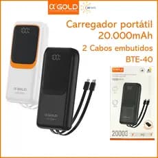 Bateria Portátil Power Bank 20.000mAh 22.5W PD Carga Rápida Turbo A'GOLD BTE-40