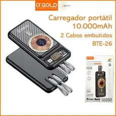 Bateria Portátil Power Bank 10.000mAh 22.5W PD Alta Velocidade Magnético com cabo embutido A'GOLD BTE-26