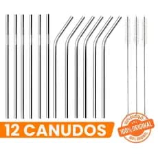 Combo 12 Canudos Inox Curvos com Escova Ecológico Reutilizáveis Laváveis