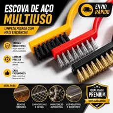 Kit 03 Escovas de Aço Multiuso Aço Latão Nylon Cabo Plástico