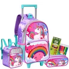 Kit Mochila Carrinho Unicornio + Lancheira Termica + Estojo
