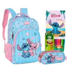 Kit Mochila Costas Stitch Angel Florido Juvenil Disney 2026 Casal Sorvete