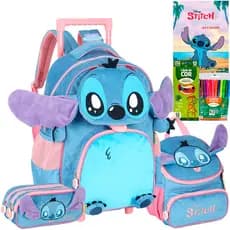 Kit Mochila Carrinho Stitch Angel Pelucia 3d Infantil Disney