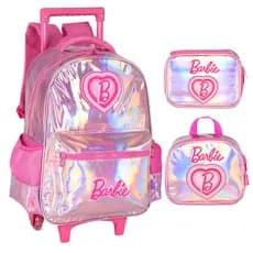Kit Mochila de Rodinha Barbie Holografico Lancheira Estojo