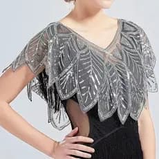 Xale Elegante De Verão Com 6 Núcleos , Curto De Renda Preta , Jaqueta De Lantejoulas Brilhante Para Mulheres 6SED