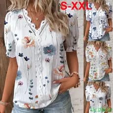 Blusa Elegante Impressa Camisas De Manga Curta 2023 Verão Camisa Feminina Com Decote Em V Painel De Renda S-XXL 68966 B2