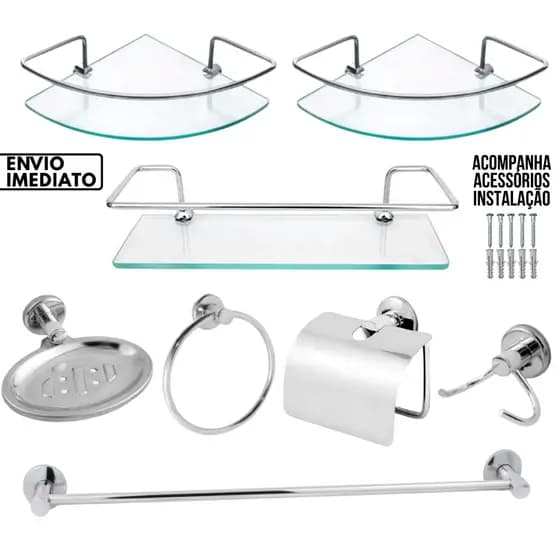 Kit Acessórios Banheiro 5 Peças Inox + 2 Porta Shampoo Canto + 1 Porta Shampoo Vidro Reto