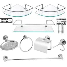 Kit Acessórios Banheiro 5 Peças Inox + 2 Porta Shampoo Canto + 1 Porta Shampoo Vidro Reto