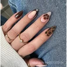 unha postiça realista amendoada decorada curta Unhas Falsas Pontiaguda Com Cola Leopardo francesinha Prensadas Na