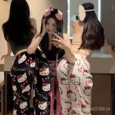 Calças de Pijama Y2k Hello Kitty Anime Sanrio Flanela Kawaii Mulheres Algodão Elástico Casual Quente Casal Roupas de Cas