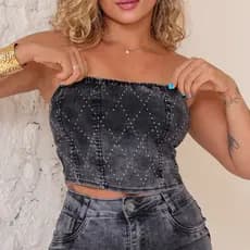 Cropped Jeans Marmorizado com Strass – Tomara que Caia Top Feminino Moderno e Elegante