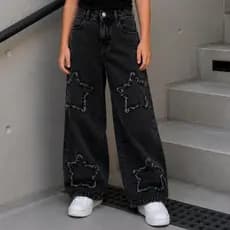 Calça Jeans Juvenil Feminina Wide Leg Destroyed Estrela Preto/Azul Claro