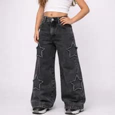 Calça Jeans Juvenil Menina Wide Leg Destroyed Estrela Lateral de Primavera Cinza Marmorizado