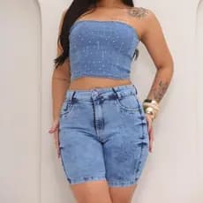 Short Bermuda  Jeans Feminina Meia Coxa Cintura Alta Com Elastano