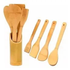 Kit Utensílios De Bambu 5 Peças 28cm Com Suporte Colher Espátula