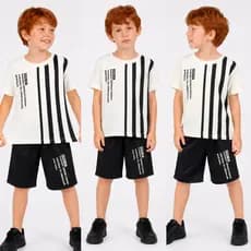 Conjunto masculino infantil 2 peças bermuda e camisa, camisa branca com detalhes preto, bermuda preta com detalhe branco