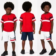 Conjunto masculino infantil 2 peças bermuda e camisa, camisa vermelha com detalhes branco e azul, bermuda branca e azul