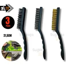 Kit 3 Super Escovas Para Limpeza em Aço Carbono Latão e Nylon  forno grelha fogão Aço Latão 21,5CM