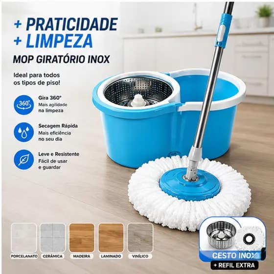 Mop de fibra giratório 360° cesto inoxi&Plástico com cabo estendido de balde de esfregão limpo para