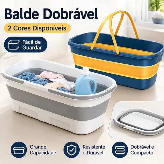 Balde Dobrável Multiuso azul e branco: Limpeza de Rodo, Casa e Carro com Facilidade，com 4 rodas.