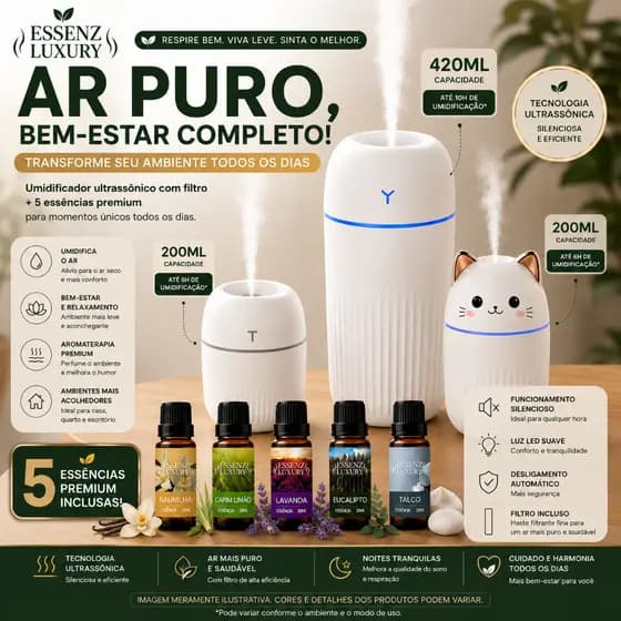 KIT 5 ESSÊNCIAS 20ML + UMIDIFICADOR | GRANDE | PEQUENO | GATINHO FOFINHO - PERFUME QUALQUER AMBIENTE