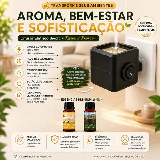 Kit 1 Difusor Elétrico de Tomada Bivolt Preto Ou\e 2 Essências Hidrossolúveis de 20ml - Premium
