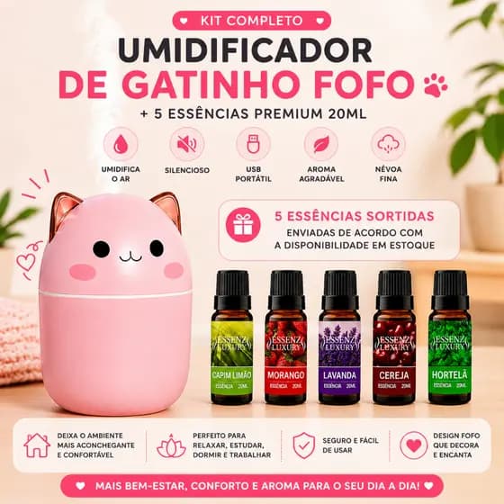 Kit Mini 1 Umidificador Gatinho + 5 Essências Energizantes | Umidifica Difusor Aromatizador Ambiente