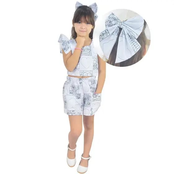 Conjunto Infantil Livros para Colorir Branco - Blusa e Short e Enfeite de Cabelo