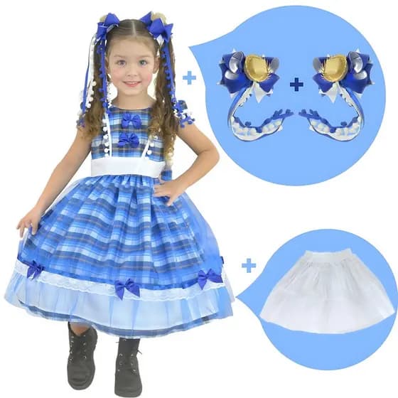 Kit Vestido infantil Festa Junina São Joao Quadrilha Xadrez Azul + 2 laços + saia de filó