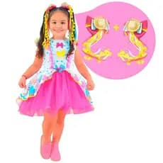 Kit Vestido Festa Junina São Joao Quadrilha Tule Rosa + 2 Laço - Pronta Entrega