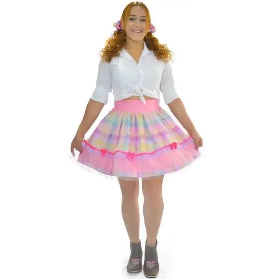 Saia Junina Adulta Quadrilha Festa Caipira - Xadrez Tule Rosa