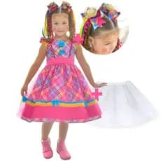 Vestido Festa Junina Xadrez Rosa Pink + Saia de Armação + 2 Laços