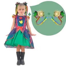 Kit Vestido infantil Festa Junina Xadrez Tule Verde + 2 Laços