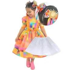 Vestido Festa Junina Xadrez Laranja Neon + Saia Tutu + 2 laços de Cabelo