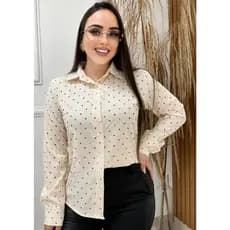 Camisa Feminina Social Manga longa Em Estanpa de Coraçao En Crepinho