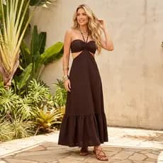 vestido mídi longo feminino casual  crepe com bojo y elastes nas costas com amarração Frontal