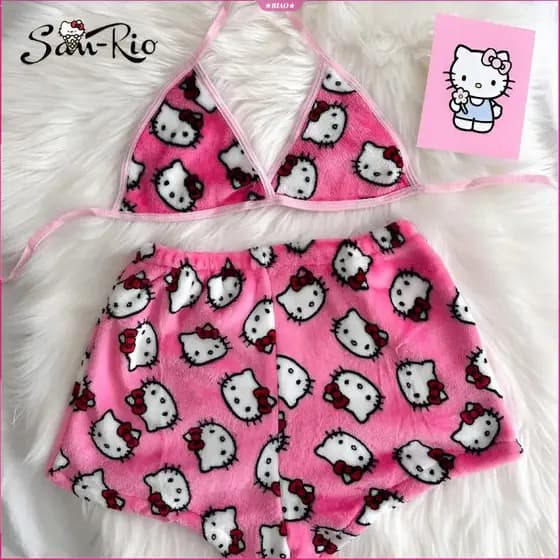 2 Peças Pijamas Femininos Hello Kitty Sanrio Conjunto de Pijamas de Flanela Macia com Sutiã e Calças de Pijama Rosa