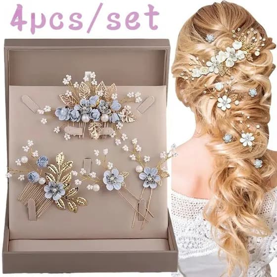 Conjunto de 4 peças/Conjunto de Luxo Clipe de Cabelo de Flor de Pérola Imitada Pente Lateral para Mulheres e Meninas For